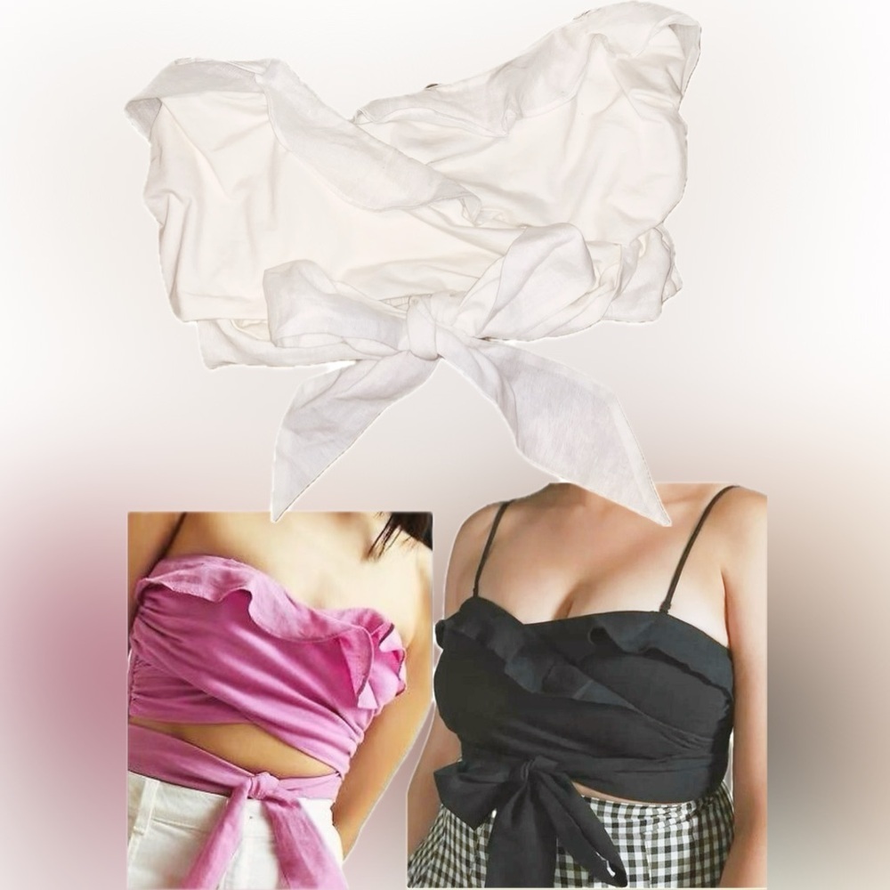 Anthropologie White Linen Blend Ruffle Bandeau Wrap Crop Top Spaghetti Strap L